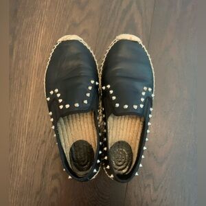 Ash Womens size 8 Black leather & jute Espadrilles. Silver studded edges.